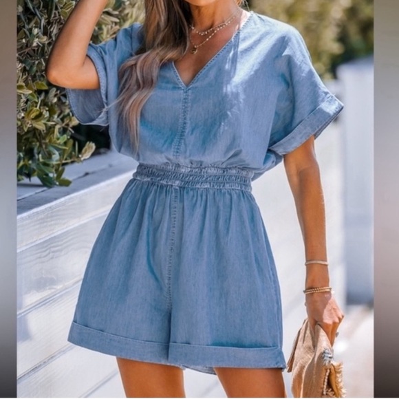 Mustard Seed Pants - Mustard Seed Womens Sz Small Sun-washed Light Blue Chambray Romper